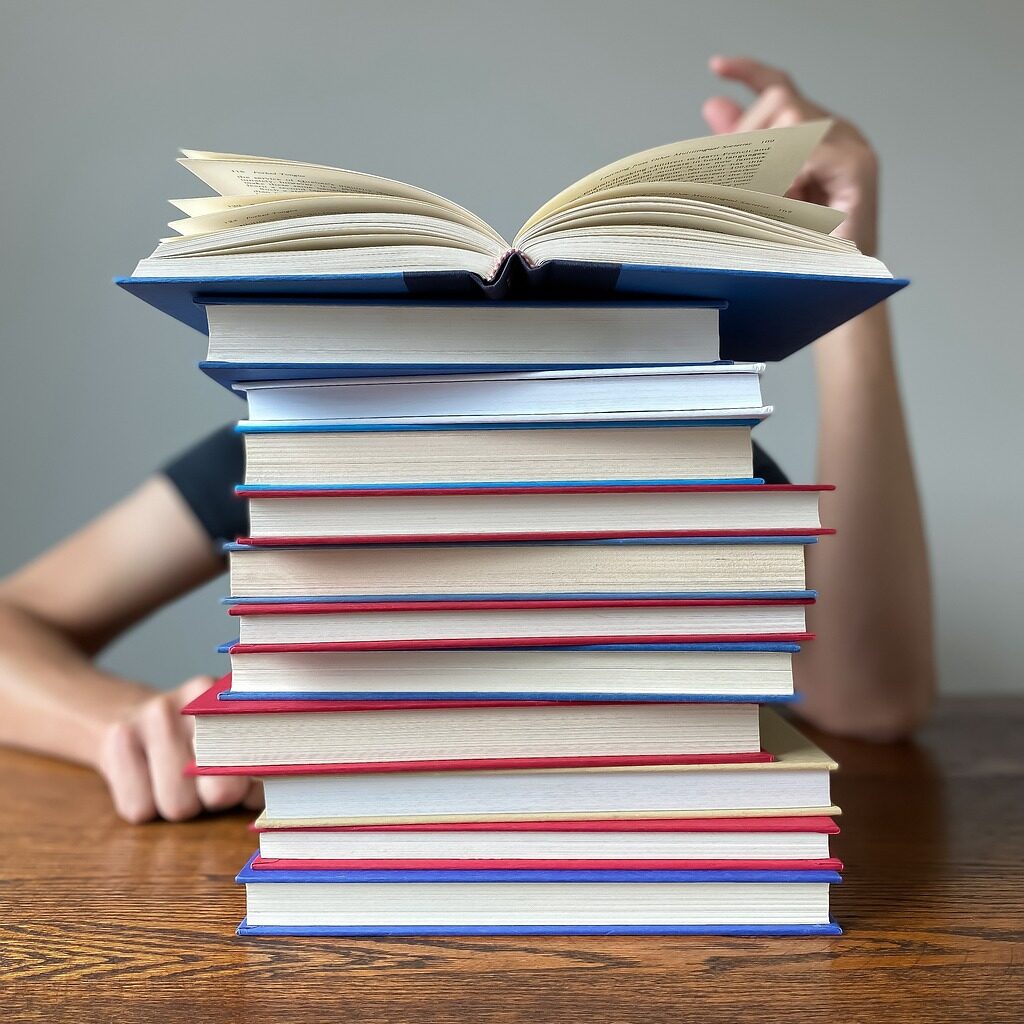 Boy sitting behind a pile of books
