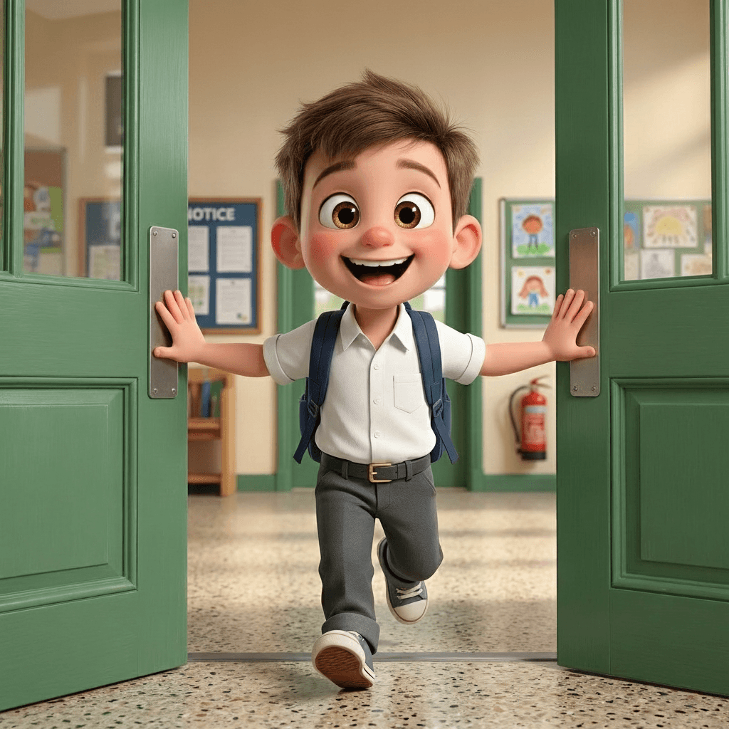 boy opening school doors