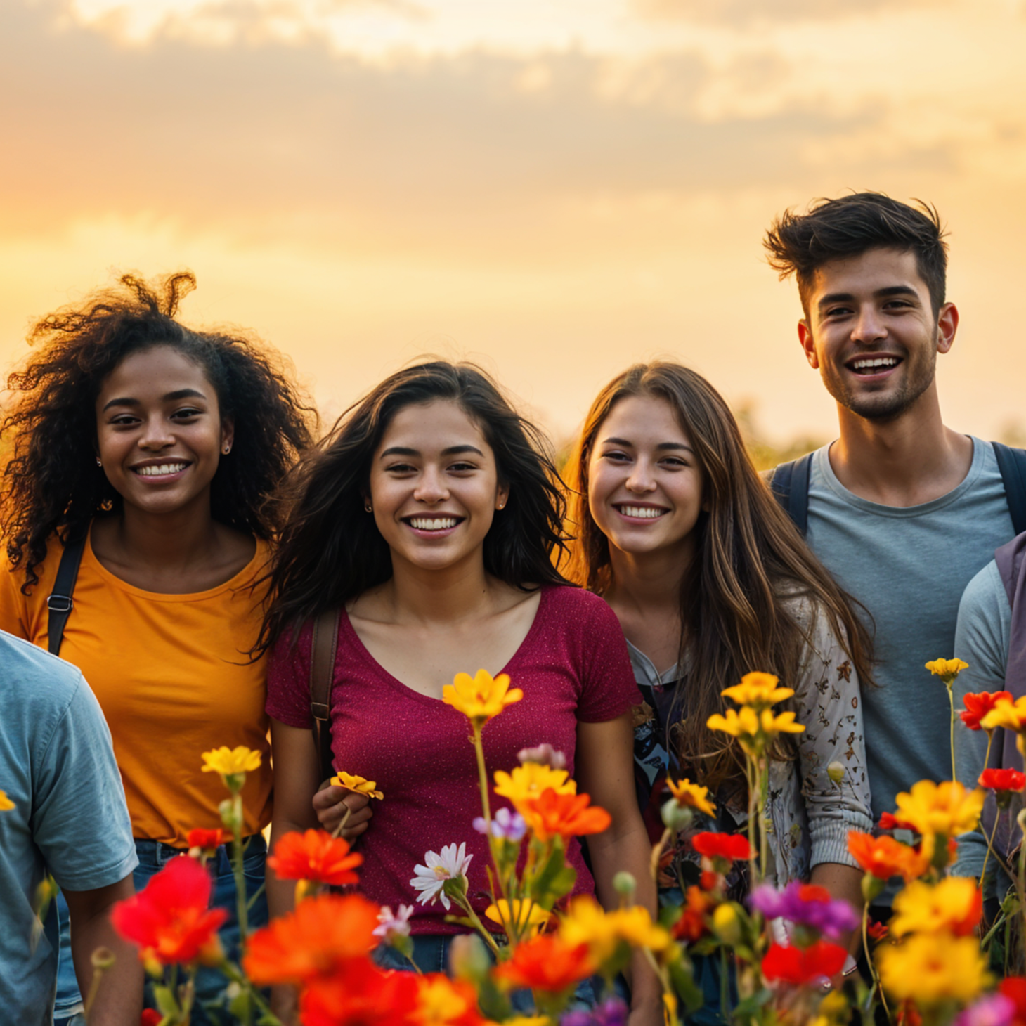 Group of happy teenagers in a field of flowers