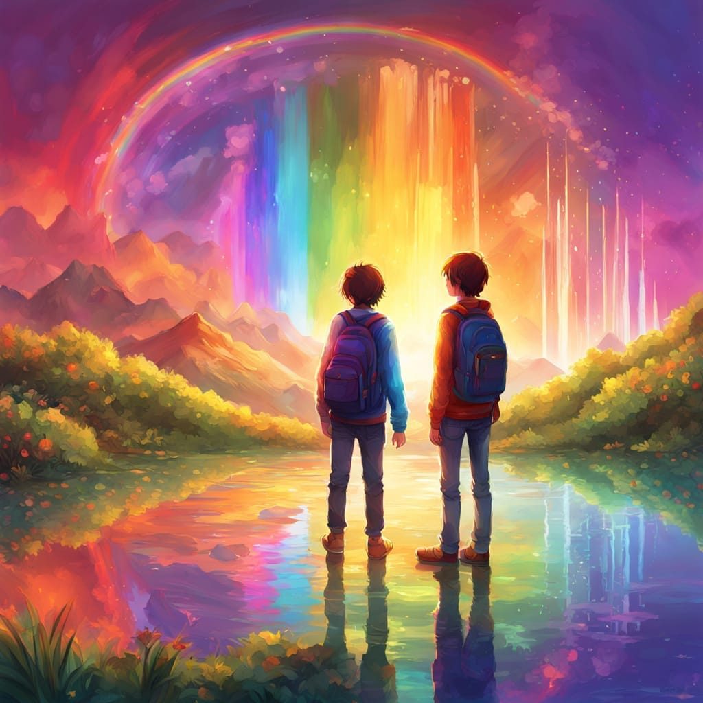 Students looking at a distant rainbow coloured sky